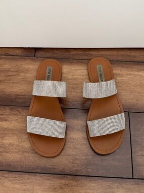 Steve Madden Tan Slide Sandals with Rhinestone Straps